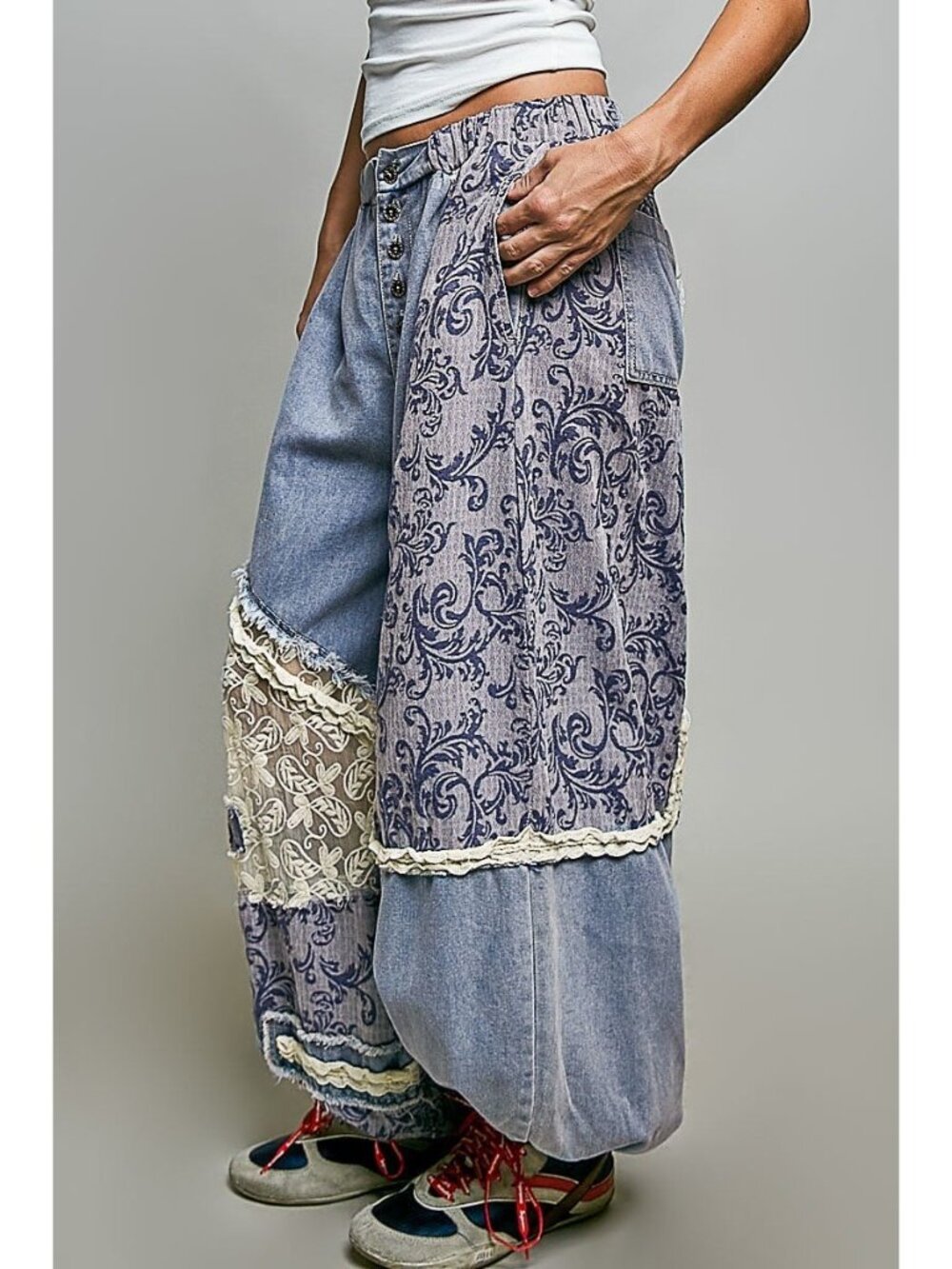 POL Bluebell Manor Patchwork Joggers in Denim - Picture 3 of 9